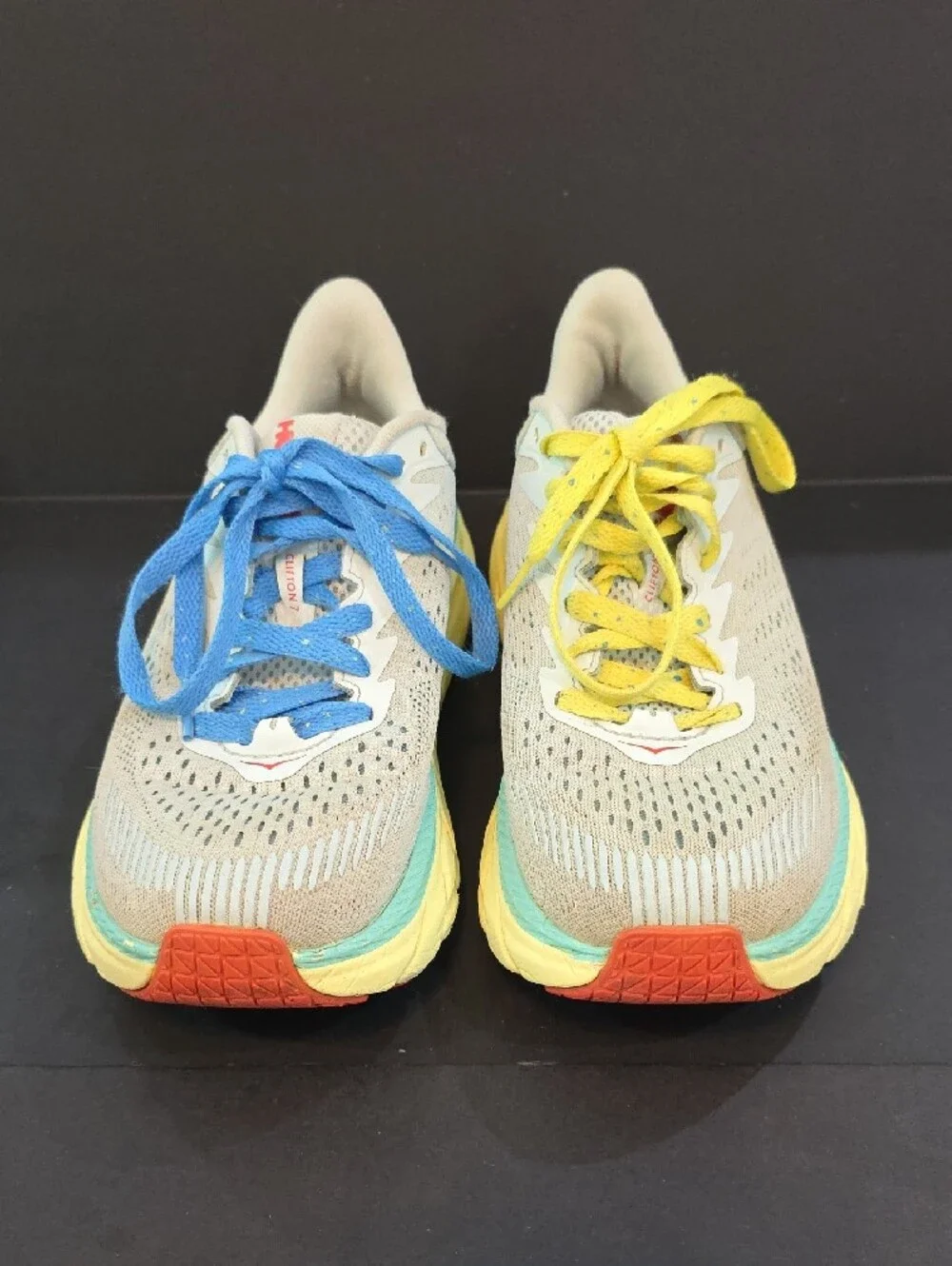 Hoka Clifton 7 Women's Shoes in Beige with Yellow, Blue & Coral Accents Size 8